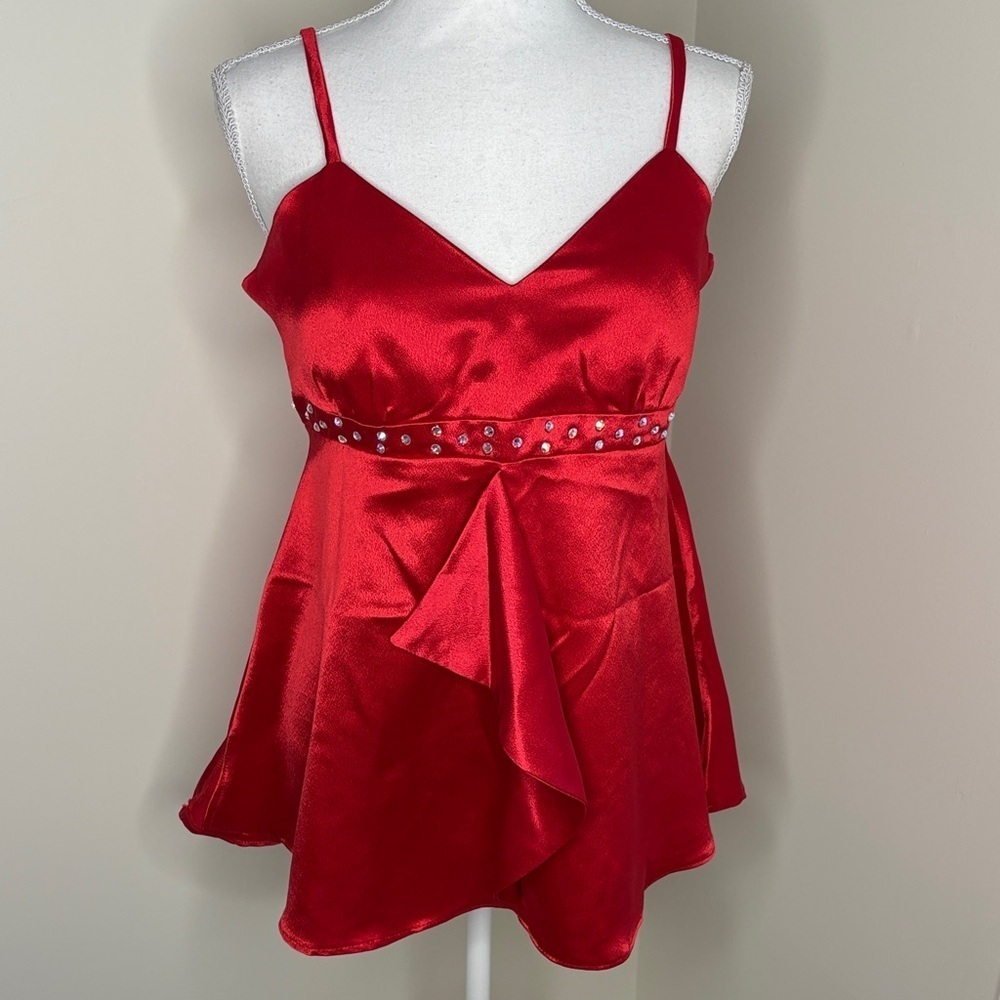 Elegant Red 3 Piece Satin Babydoll Studded Costume. Large